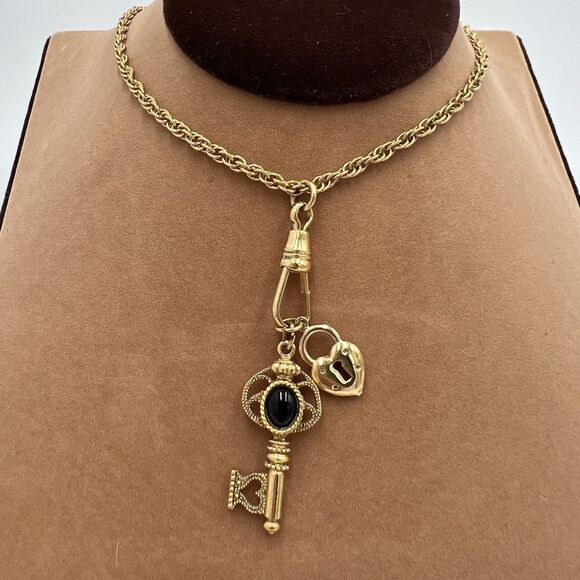 Vintage 1928 Gold Tone Charm Necklace Clip,Key,Heart, Lock 28" Longline - Picture 1 of 8